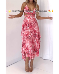 Hollow print deep V dress woman