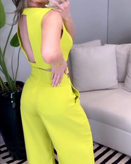 Crew Neck Top Design Pants Two-Piece Set