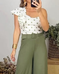 Casual Polka Dot Top & Pants Two-Piece Set