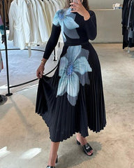 Printed Knitted Long-sleeved Top & Printed Pleated Skirt Set
