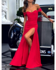 Red off-the-shoulder floor-length dress with slit