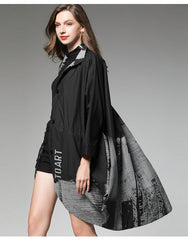 Abstract Printed Long Sleeves Stand Collar Midi Dress