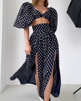 Polka dot printed short top with split skirt for women's set