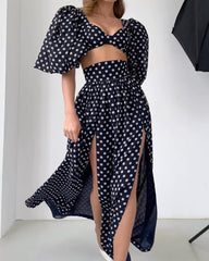 Polka dot printed short top with split skirt for women's set