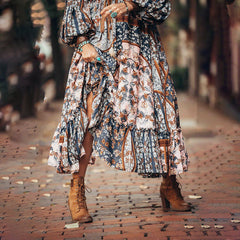 Artistic Retro With Belt V-Neck Dress