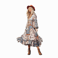 Artistic Retro With Belt V-Neck Dress