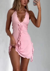 Halter neck deep V mini dress