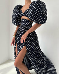 Polka dot printed short top with split skirt for women's set