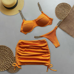 Fashion Chain Sling Split Bikini Skirt Three-piece Set