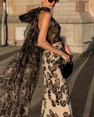 Contrast Sketch Flower Print Women's Set