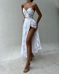 Elegant bra floral print split long skirt