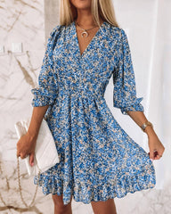 Ditsy Floral Print Puff Sleeve Ruffle Hem Shirred Dress