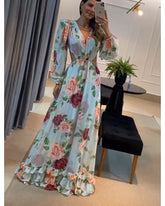 Printed hollow deep V one-piece long-sleeved dress