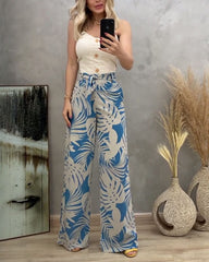 Casual Button-embellished Suspender Top & Printed Pants Two-Piece Set