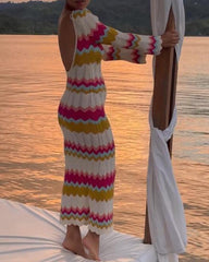 Contrasting color striped holiday style large backless wool knitted women's dress