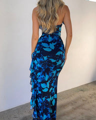 Printed wavy edge slit lace-up strapless dress