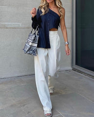 One-shoulder striped two-piece set