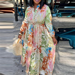 Colour Casual Print Patchwork V Neck Long Sleeve Dresses