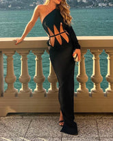 One shoulder hollow solid color dress