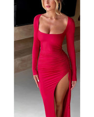 Red autumn one-line neckline slit dress