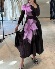 Printed Knitted Long-sleeved Top & Printed Pleated Skirt Set