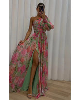 floral one shoulder long-sleeved dress
