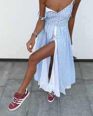 Plaid Double Layer Slit Suspender Dress