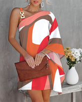 Geo Print Chain Strap Asymmetrical Casual Dress