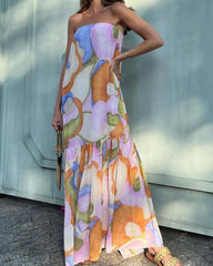 Colorful flower print loose holiday style tube top dress