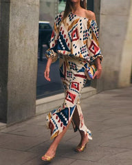 One-shoulder long-sleeve printed two-piece suit