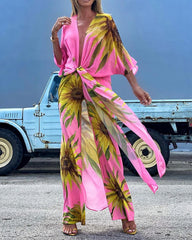 Holiday style sunflower color contrast printed cardigan + casual printed trousers ladies suit