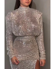 Fall slim with high neck and slit -fit dress