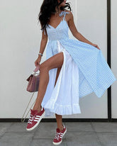 Plaid Double Layer Slit Suspender Dress