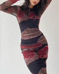 Long-Sleeve Tie-Dye Print Slim Dress