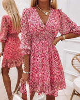Ditsy Floral Print Puff Sleeve Ruffle Hem Shirred Dress