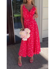 Casual red deep V dress