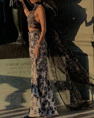 Contrast Sketch Flower Print Women's Set