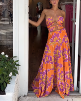 Print suspender tailored chic style dress