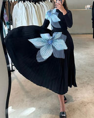 Printed Knitted Long-sleeved Top & Printed Pleated Skirt Set