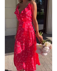 Casual red deep V dress