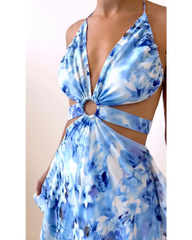 Hollow print deep V dress woman