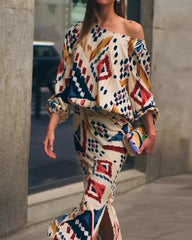 One-shoulder long-sleeve printed two-piece suit