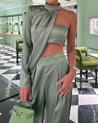 One-shoulder Halterneck Top and Pants Two-piece Suit