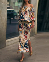 One-shoulder long-sleeve printed two-piece suit