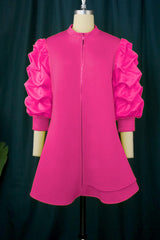Rose Red Elegant Solid Patchwork Fold Zipper Cardigan Collar A Line Dresses