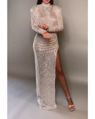 Fall slim with high neck and slit -fit dress