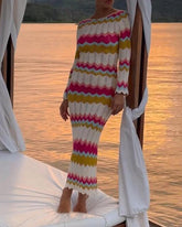 Contrasting color striped holiday style large backless wool knitted women's dress