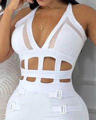 Halter Hollow-Out Sheer Mesh Buckled Bodycon Dress