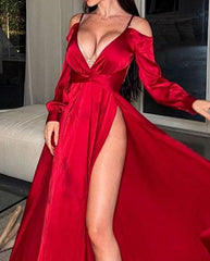 Long Sleeve Solid Off Shoulder Slit Dress