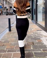 Long Sleeve Color Block Knit Sweater Dress